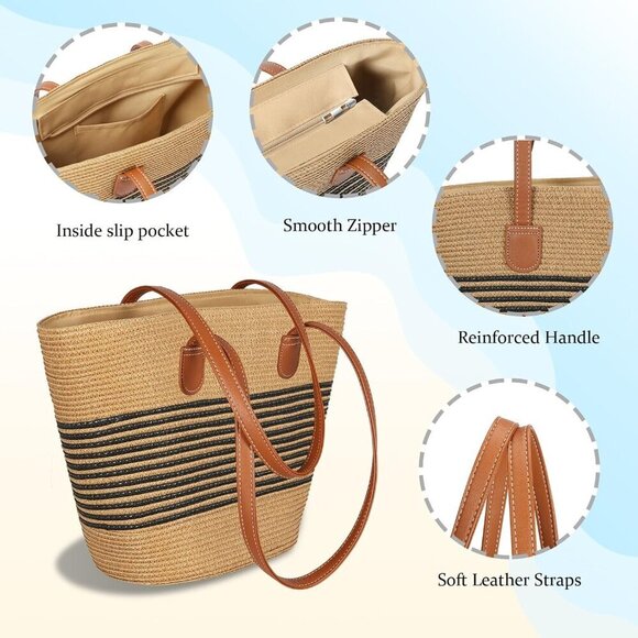 Woven Straw Tote Bag Large Capacity Fashionable Beach Travel Shopping Casual - Picture 4 of 7